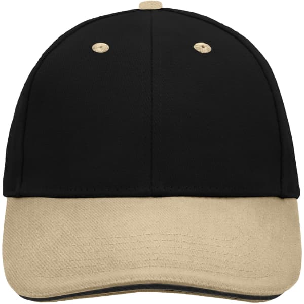 A black and beige 6 panel sandwich cap with a curved brim and a logo on the front.