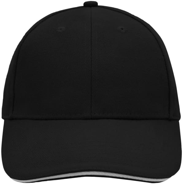 A black 6 panel sandwich cap with a curved peak and an underside that has a contrasting colour. It features a logo.