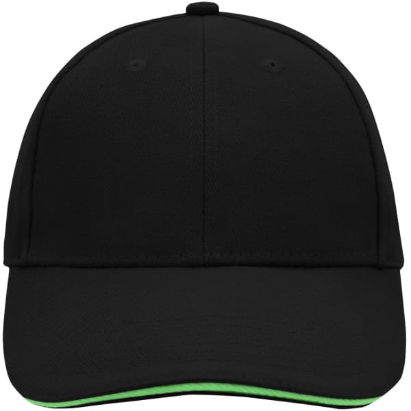 A black 6 panel sandwich cap with a green underside to the brim and a logo on the front.