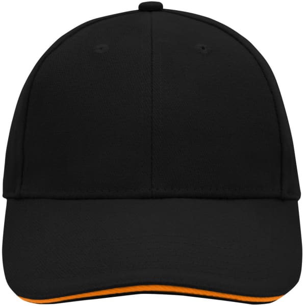 A black 6 panel sandwich cap with an orange underbrim and a logo on the front.