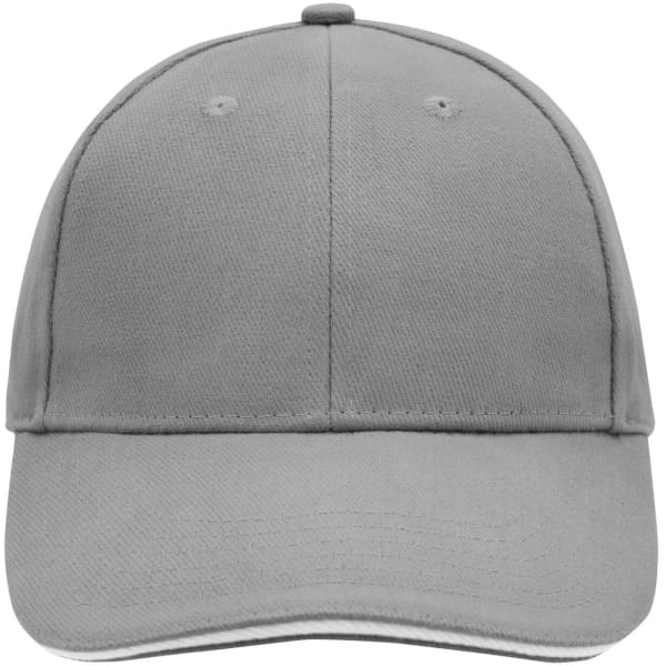 A grey 6-panel sandwich cap with a plain design and a logo on the front.