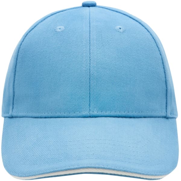 A blue 6 panel sandwich cap with a curved brim and two ventilation holes on the front. Features a logo.