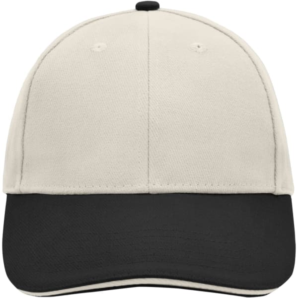 A 6-panel sandwich cap featuring a cream upper section and a black brim, complete with a logo.