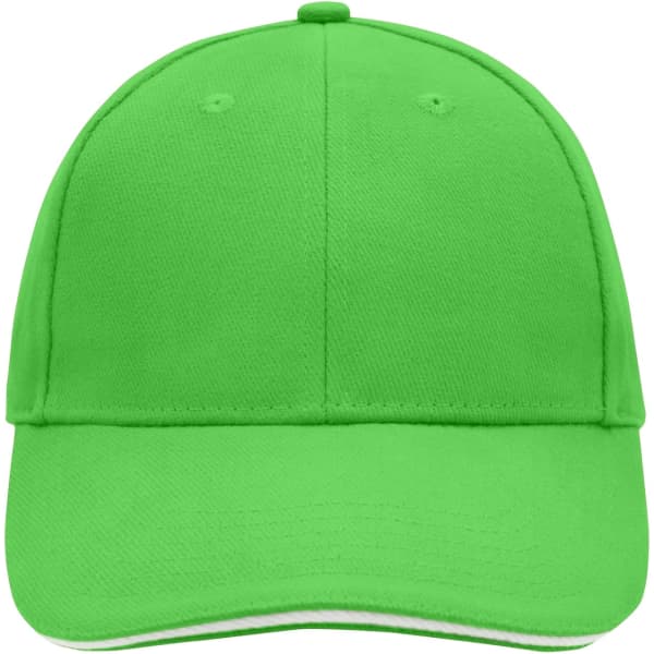 A bright green 6-panel sandwich cap featuring a curved brim and a logo.