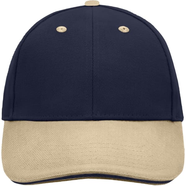 A navy and beige 6 panel sandwich cap with a curved brim and a logo.