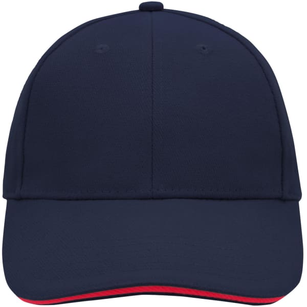 A 6-panel sandwich cap in navy blue with a red underside, featuring a logo on the front.