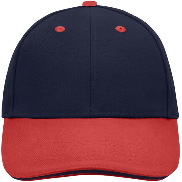 A navy and red 6 panel sandwich cap with a small branding logo on the front.