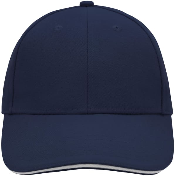 A navy blue 6 panel sandwich cap featuring a curved brim and a logo on the front.