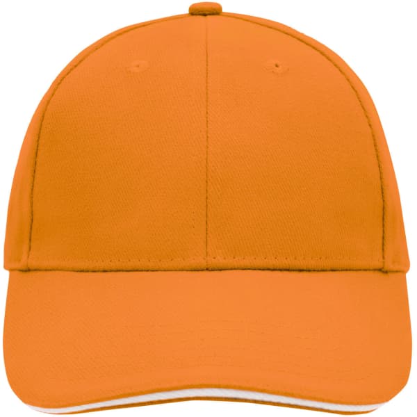 An orange 6-panel sandwich cap with a curved brim and a logo on the front.