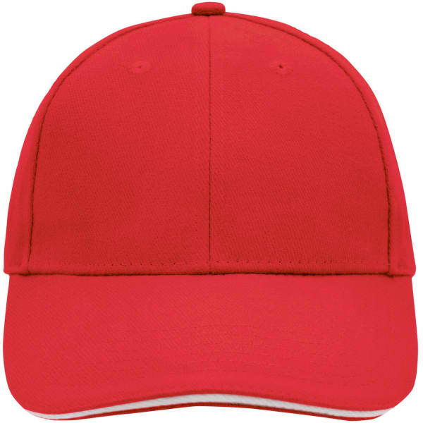 A red 6 panel sandwich cap featuring a curved peak and a logo. Ideal for headwear promotion.