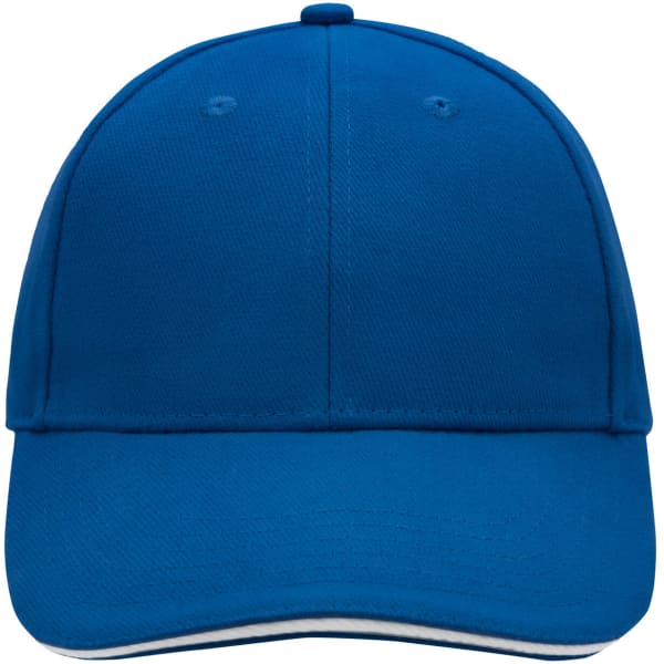 A blue 6 panel sandwich cap with a pre-curved brim and a logo on the front.