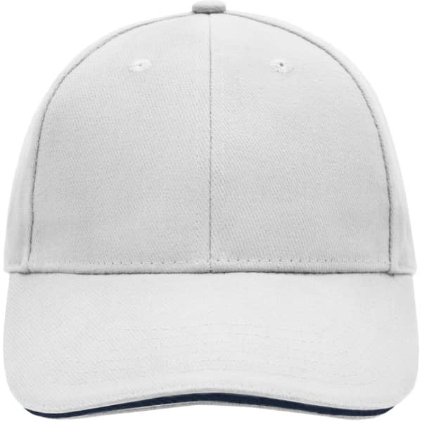 A white 6-panel sandwich cap with a curved brim and a logo on the front.