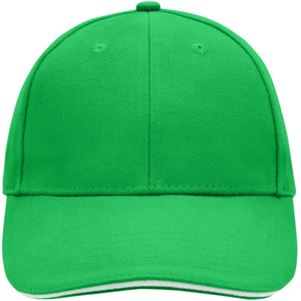 A bright green 6 panel sandwich cap featuring a curved brim and ventilation eyelets. It has a branded logo.