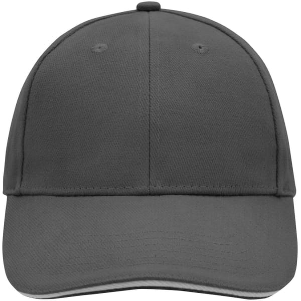 A grey 6-panel sandwich cap featuring a rounded top and a curved brim, with a logo on the front.