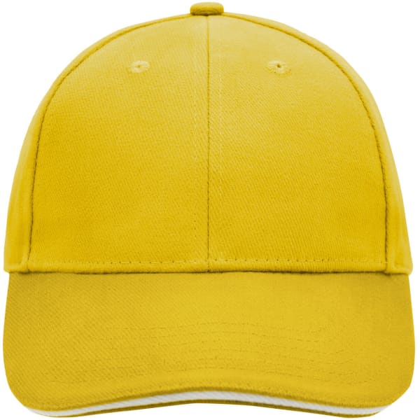 A yellow 6-panel sandwich cap featuring a structured design and a logo on the front.
