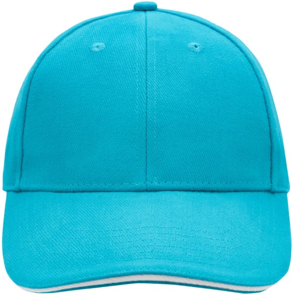 A turquoise 6 panel sandwich cap featuring a curved brim and a plain design, with a logo on the front.