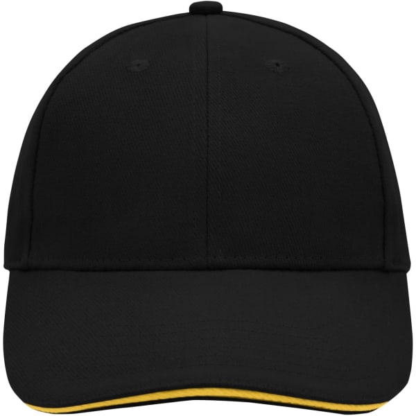 A black 6-panel sandwich cap featuring a yellow underside on the brim and a logo.