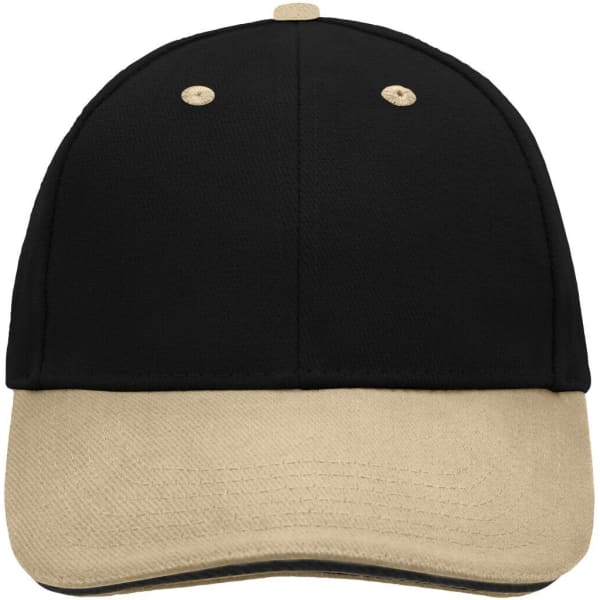 A 6 panel sandwich cap featuring a black top and a beige brim, with a logo on the front.