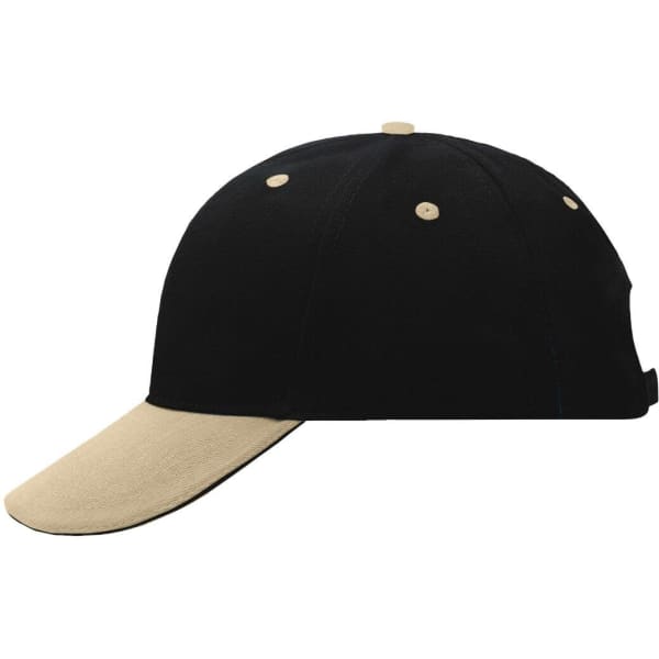 A black and beige 6 Panel Sandwich Cap with a curved brim and a logo on the side.