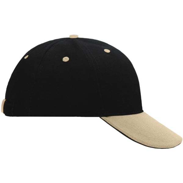A black and beige six-panel sandwich cap with a curved brim and a logo on the side.