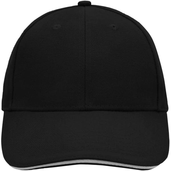 A black 6 panel sandwich cap featuring a round crown and a curved brim, with a logo on the front.