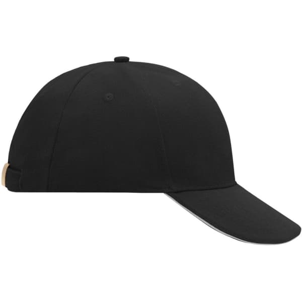 A black 6 panel sandwich cap with a curved brim and a branding logo on the side.