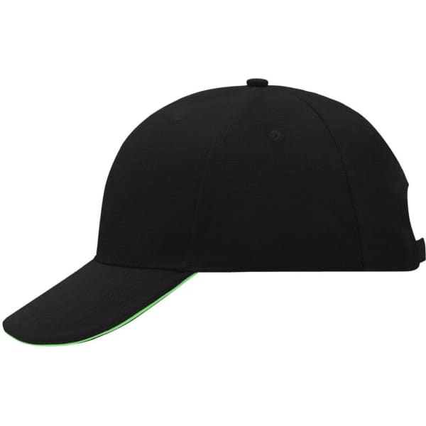 A black 6 panel sandwich cap with a green underside on the brim and a logo on the side.