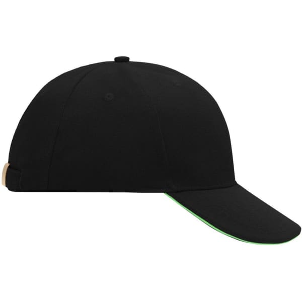 A black 6 panel sandwich cap featuring a contrasting green underbrim and a logo on the side.