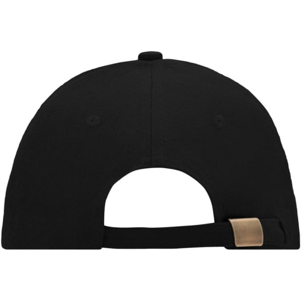 A black 6 panel sandwich cap featuring a rear adjustment strap and a logo on the back.