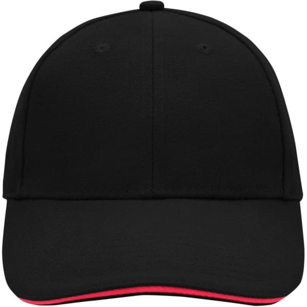 A black 6 panel sandwich cap featuring a red underside and a logo on the front.