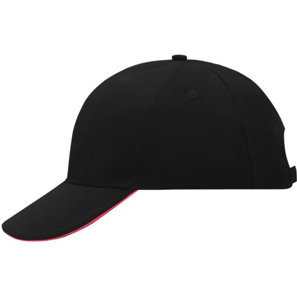 A black 6 panel sandwich cap with a red underside to the brim. Features a logo on the front.