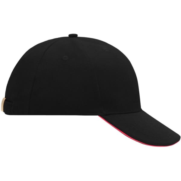 A black 6-panel sandwich cap featuring a contrasting red underbrim and a logo on the side.