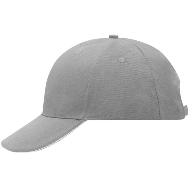 A grey 6 panel sandwich cap with a curved brim and a logo on the side.