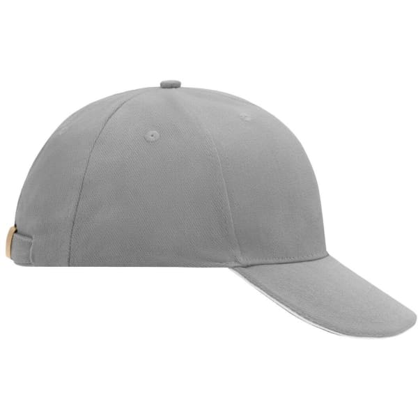 A grey 6 panel sandwich cap with a curved brim and a branding logo on the side.