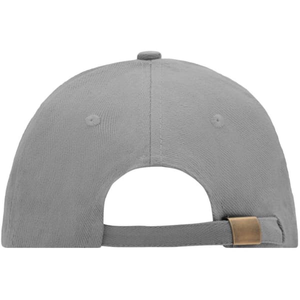 A grey 6 Panel Sandwich Cap featuring an adjustable strap and a logo on the back.