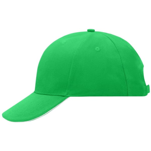A green 6 panel sandwich cap with a curved brim and a logo on the side.