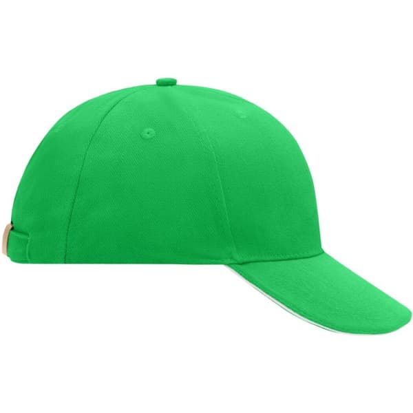 A bright green 6-panel sandwich cap featuring a curved brim and a logo on the side.