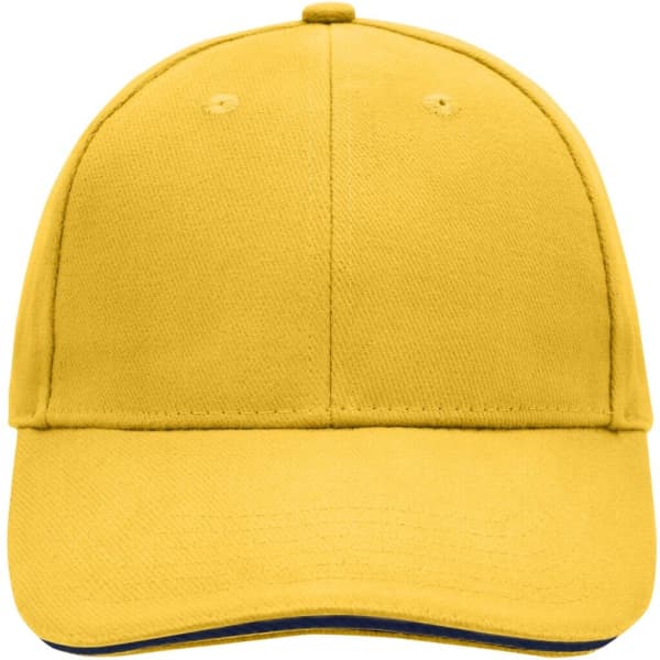 A yellow six-panel sandwich cap with a logo on the front.
