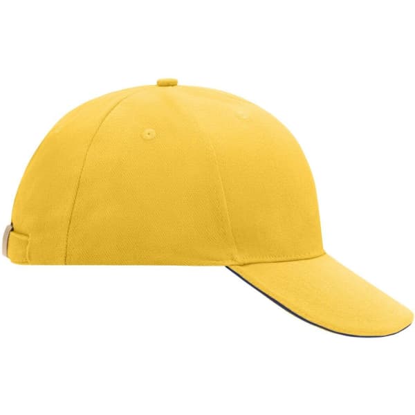 A yellow 6 panel sandwich cap with a curved brim and an adjustable strap at the back. It features a logo.