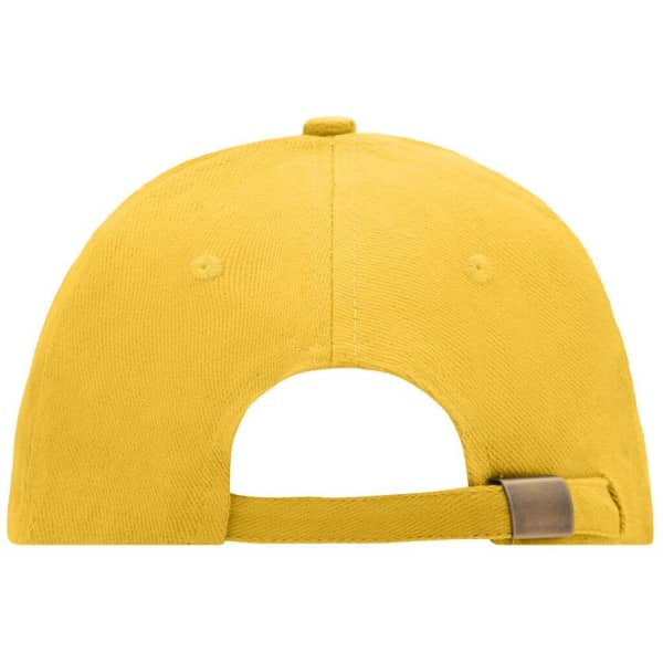 A yellow 6 panel sandwich cap featuring a rear adjustment strap and a logo on the back.
