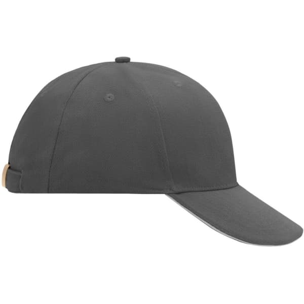 A grey 6 panel sandwich cap with a curved brim and a logo on the side.