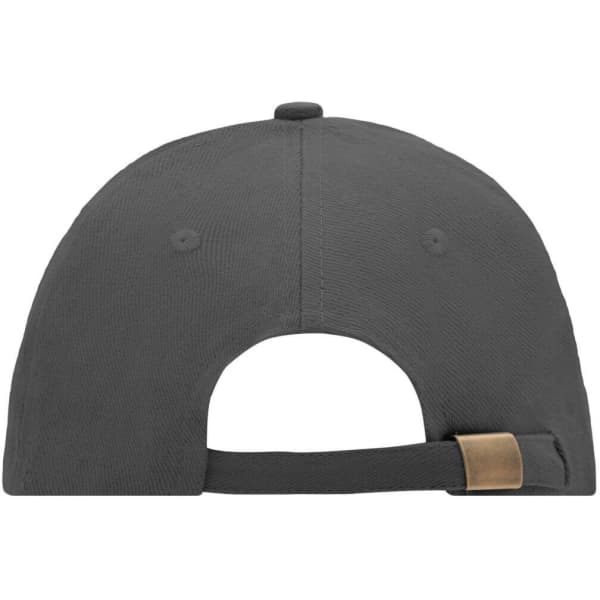 A grey 6 panel sandwich cap featuring a metal buckle adjuster at the back and an embroidered logo.