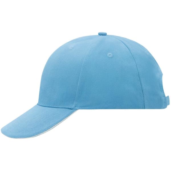 A light blue 6 panel sandwich cap with a curved peak and an adjustable strap at the back. Features a logo.