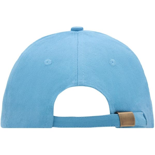A blue 6 panel sandwich cap featuring an adjustable strap at the back and a logo on the side.