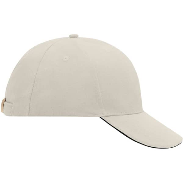 A beige 6 panel sandwich cap with a curved brim and a branding logo on the side.
