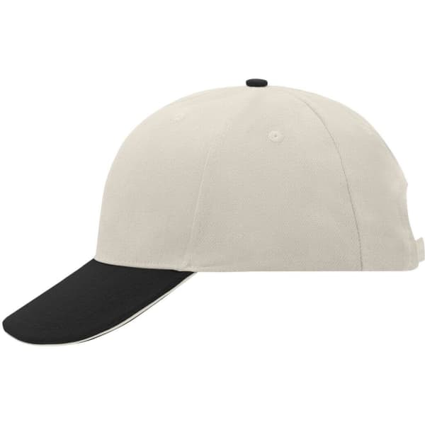 A 6-panel sandwich cap in cream with a black brim, featuring a logo on the side.
