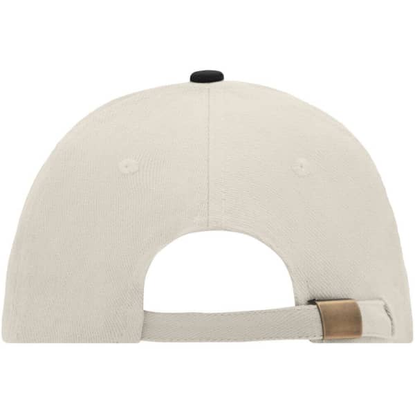 A beige 6 panel sandwich cap featuring a black button on top and an adjustable strap at the back.