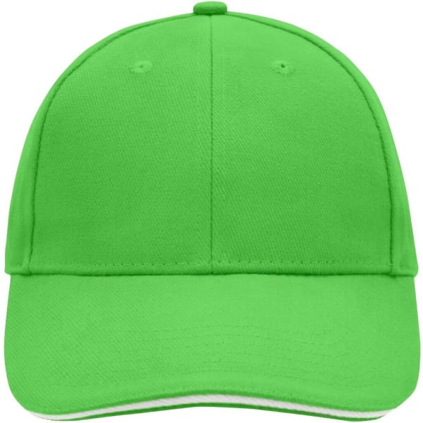 A bright green 6-panel sandwich cap with a curved brim and a logo on the front.