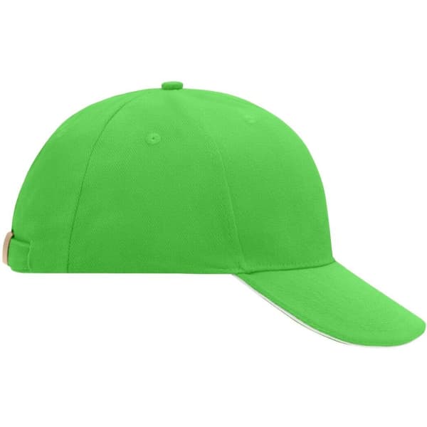 A vibrant green 6-panel sandwich cap with a curved brim and a branding logo on the side.