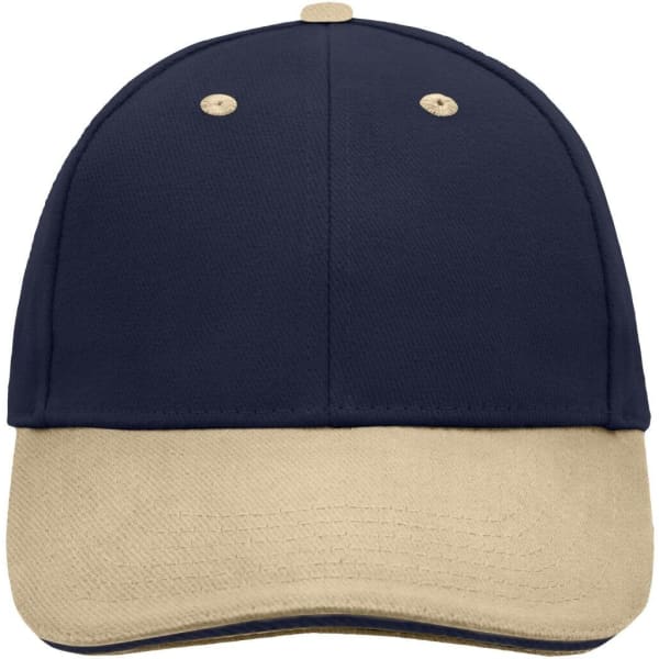 A 6 panel sandwich cap featuring a navy blue top and a beige brim, with a logo on the front.